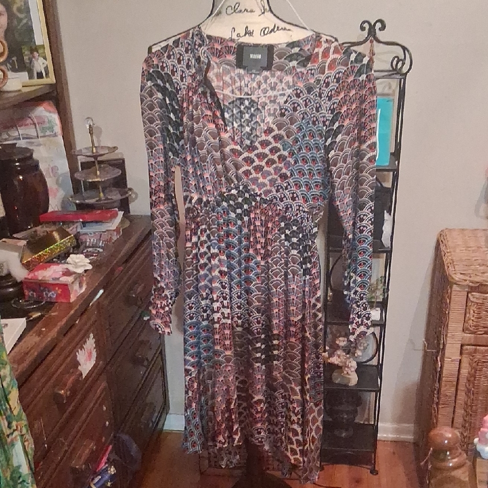 Anthropologie Maeve Long-Sleeve V-Neck Patterned Midi Dress Size XSP